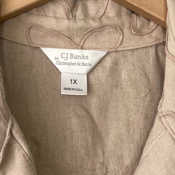 CJ Banks Top Plus Size 1X Beige Linen Soutache Embroidered Lagenlook Minimalist - Picture 5 of 9